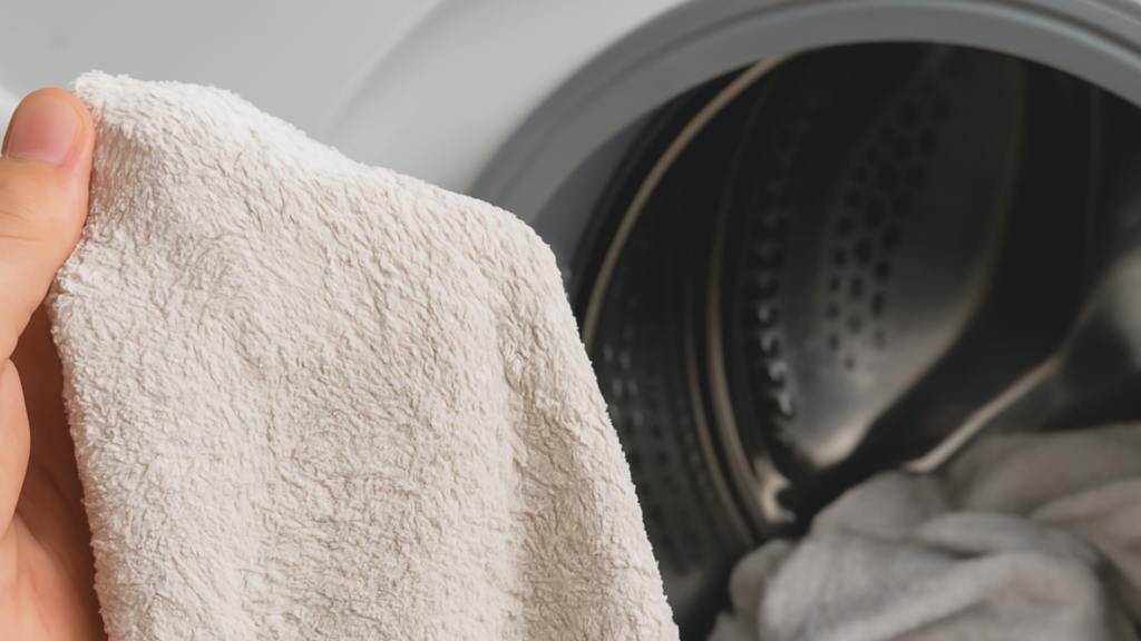 Hånd holder blødt håndklæde foran en åben vaskemaskine med flere håndklæder i tromlen – illustrerer vasketøj og hvordan kalkaflejringer kan gøre tekstiler stive uden forebyggelse