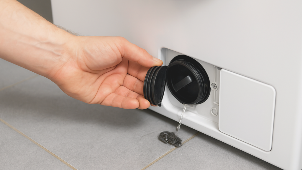 Hånd åbner og renser filteret i en vaskemaskine ved at skrue låget af og fjerne hår og fnug fra afløbet – illustrerer vedligeholdelse og forebyggelse af kalk og blokeringer
