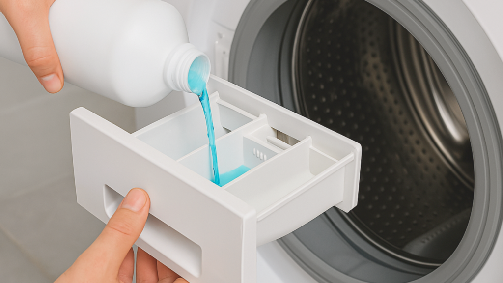 Hænder hælder blåt afkalkningsmiddel i vaskemaskinens sæbeskuffe – demonstrerer afkalkning af vaskemaskine for at fjerne kalk, bakterier og forebygge dårlig lugt