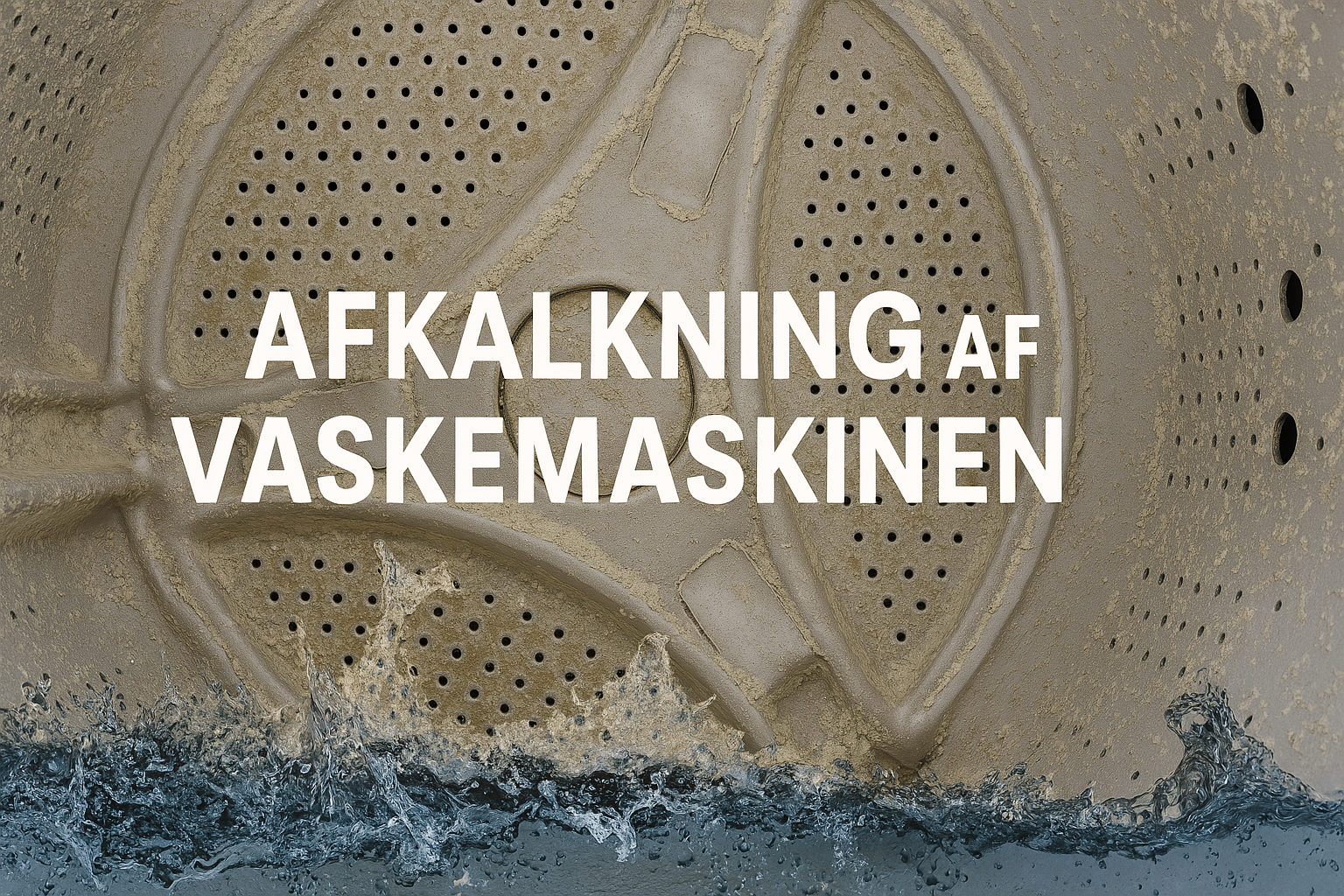 Grafik af kalkbelagt vaskemaskinetromle med vand og teksten 'Afkalkning af vaskemaskinen' – illustrerer artikel om rengøring og fjernelse af kalk fra vaskemaskinen