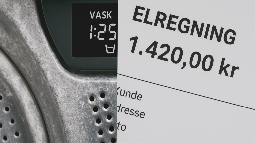 Collage med vaskemaskine med kalkbelægninger og digitalt display kombineret med elregning på 1.420,00 kr – illustrerer at kalk i vaskemaskinen øger energiforbrug og eludgifter