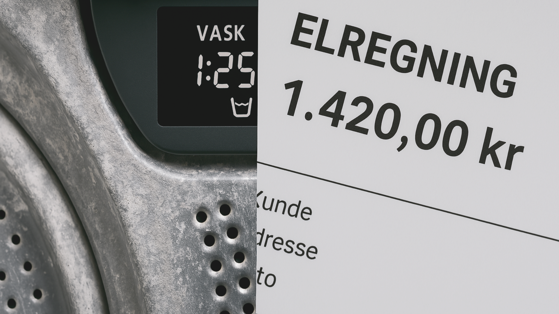Collage med vaskemaskine med kalkbelægninger og digitalt display kombineret med elregning på 1.420,00 kr – illustrerer at kalk i vaskemaskinen øger energiforbrug og eludgifter