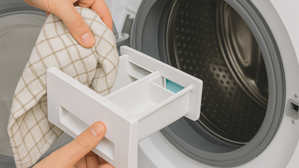 Hånd med klud rengør vaskemaskinens sæbeskuffe for kalk og sæberester – illustrerer vedligeholdelse for at forebygge kalkaflejringer og dårlig lugt