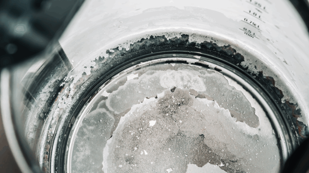 Indersiden af en elkedel eller gryde med kraftige kalkaflejringer og krystalliseret kalk på bunden og sider – viser kalk i husholdningsapparater og behov for forebyggelse