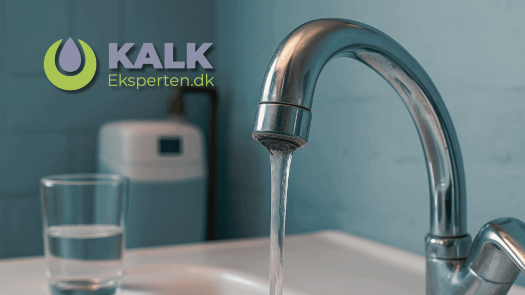 Krom vandhane med rindende vand over vask og glas med vand ved siden af; i baggrunden ses en vandbehandlingsenhed. Kalk Eksperten logo på billedet illustrerer emnet afkalkning af vand og forebyggelse af kalk